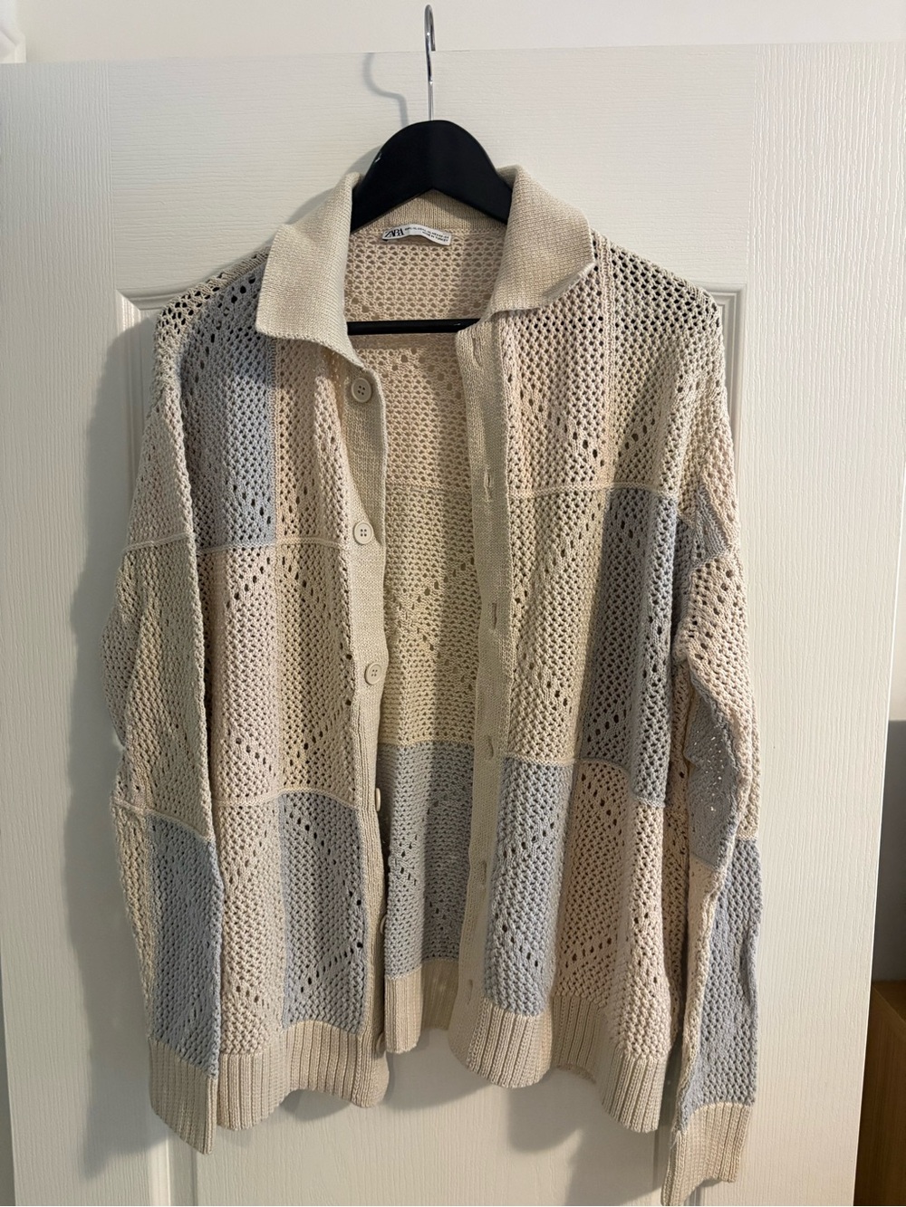 Zara Cream and Light Gray Open-Knit Button-Up Cardigan